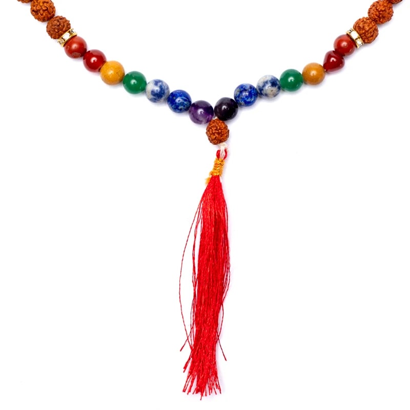 Mala Chakra Rudraksha 108 Pärlor - Med 7 Chakra-Ädelstenar